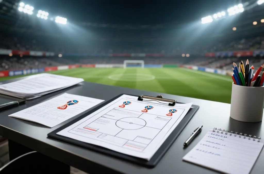 世界杯赛程与球队报名文件的视觉化画面，纸张、笔记与球场元素组合，信息感强